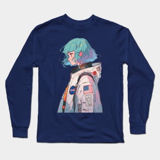 Nasa Blue Hair Astronaut Girl in Spacesuit Original Illustration Long Sleeve T-Shirt